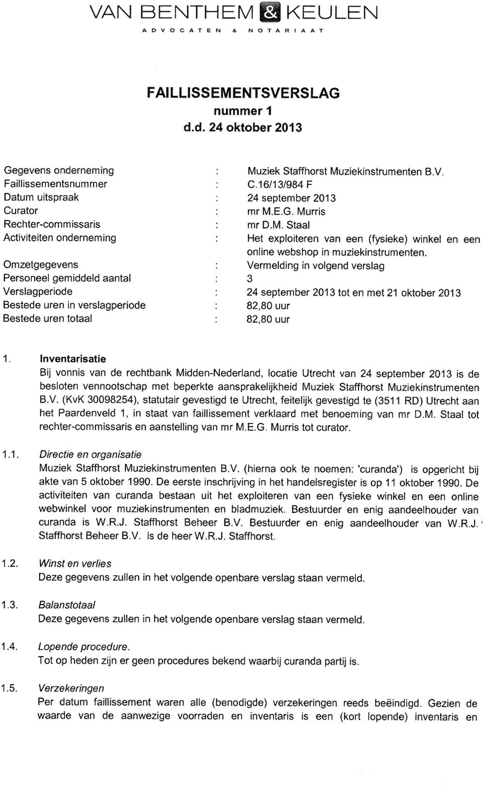 in verslagperiode Bestede uren totaal Muziek Staffhorst Muziekinstrumenten B.V. C.16/13/984 F 24 september 2013 mr M.EG. Murris mr D.M. Staal Het exploiteren van een (fysieke) winkel en een online webshop in muziekinstrumenten.