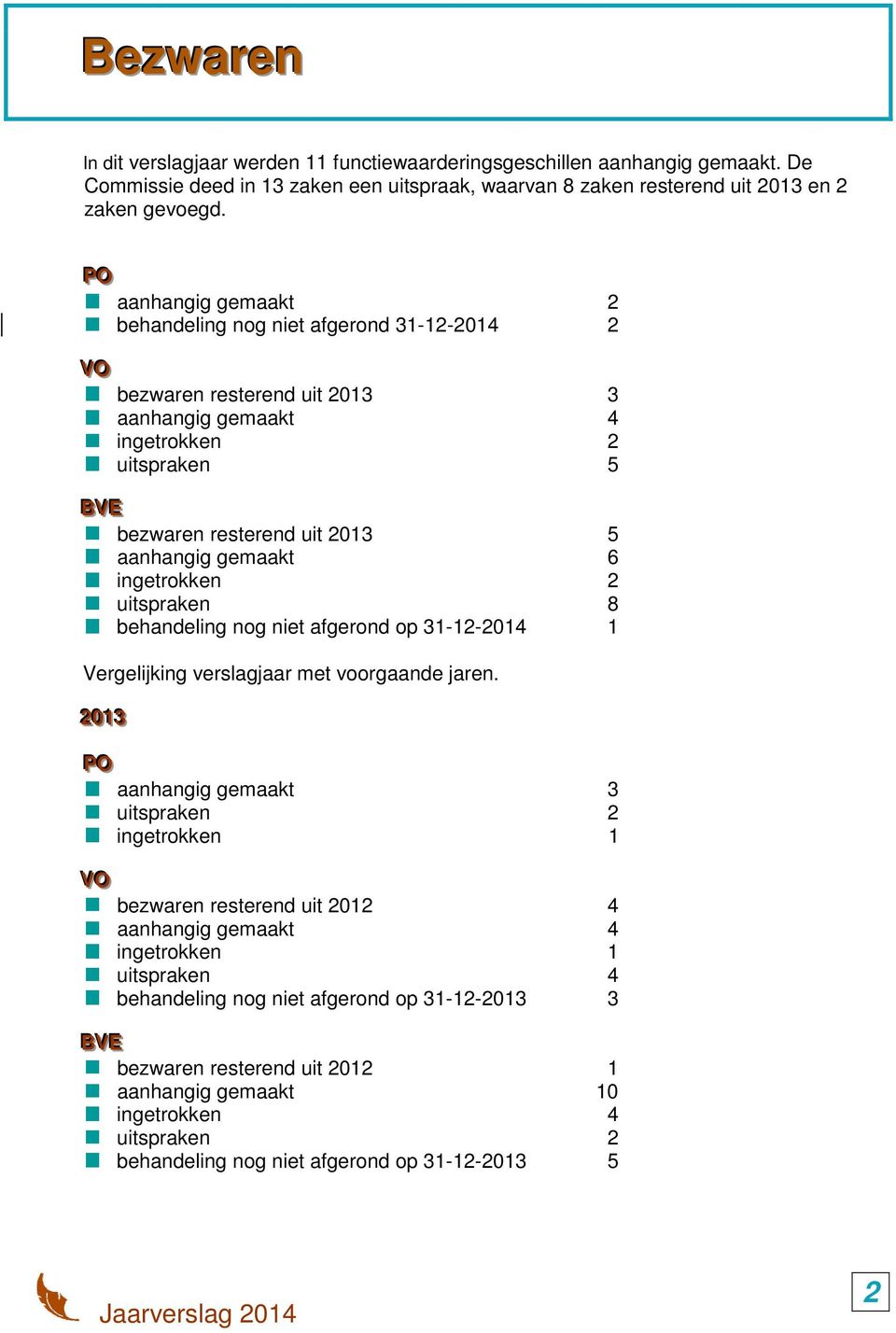 ingetrokken 2 uitspraken 8 behandeling nog niet afgerond op 31-12-2014 1 Vergelijking verslagjaar met voorgaande jaren.