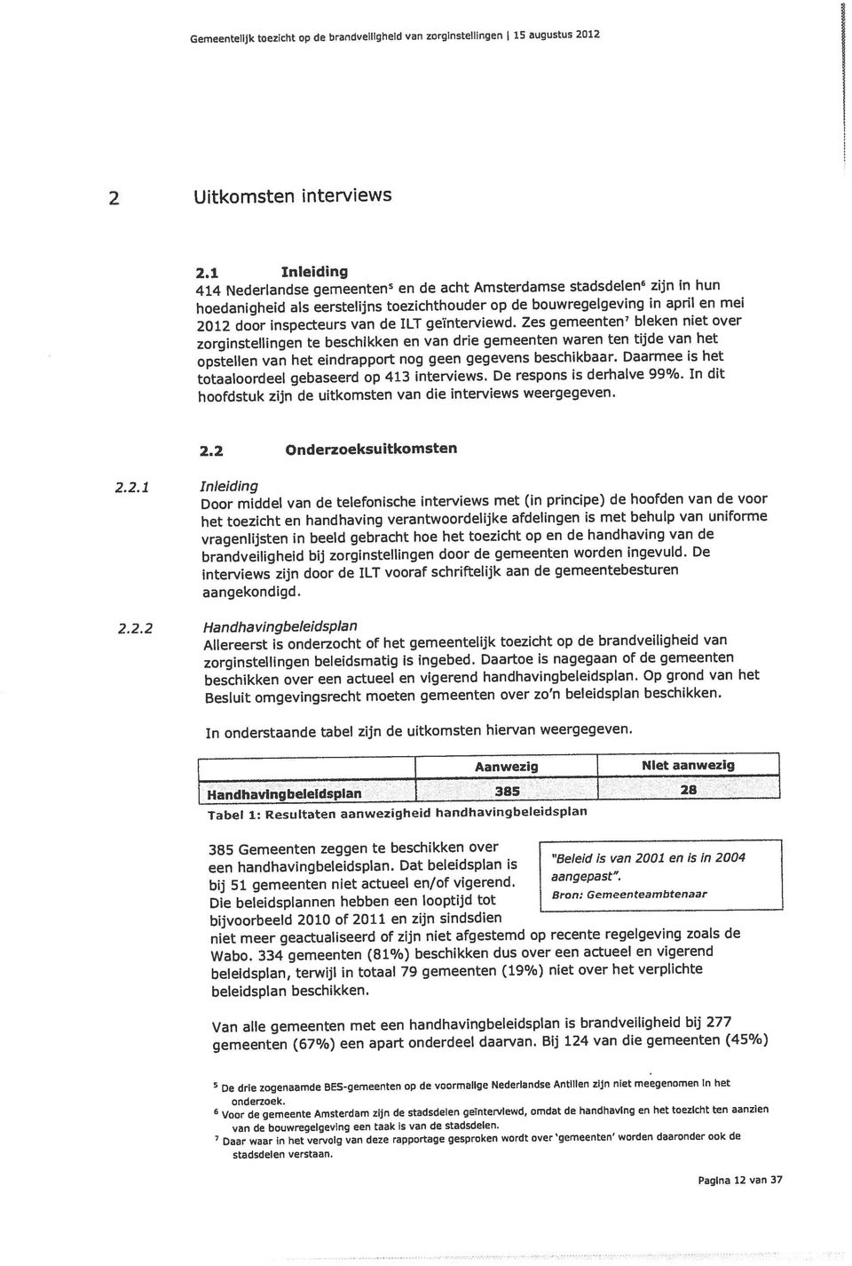 bijvoorbeeld 2010 of 2011 en zijn sindsdien 385 Gemeenten zeggen te beschikken over Flandhavingbeleidsplan 385 L L Aanwezig aangekondigd. 2.2 Onderzoeksuitkomsten 414 Nederlandse gemeenten 5 en de acht Amsterdamse stadsdelen 2.