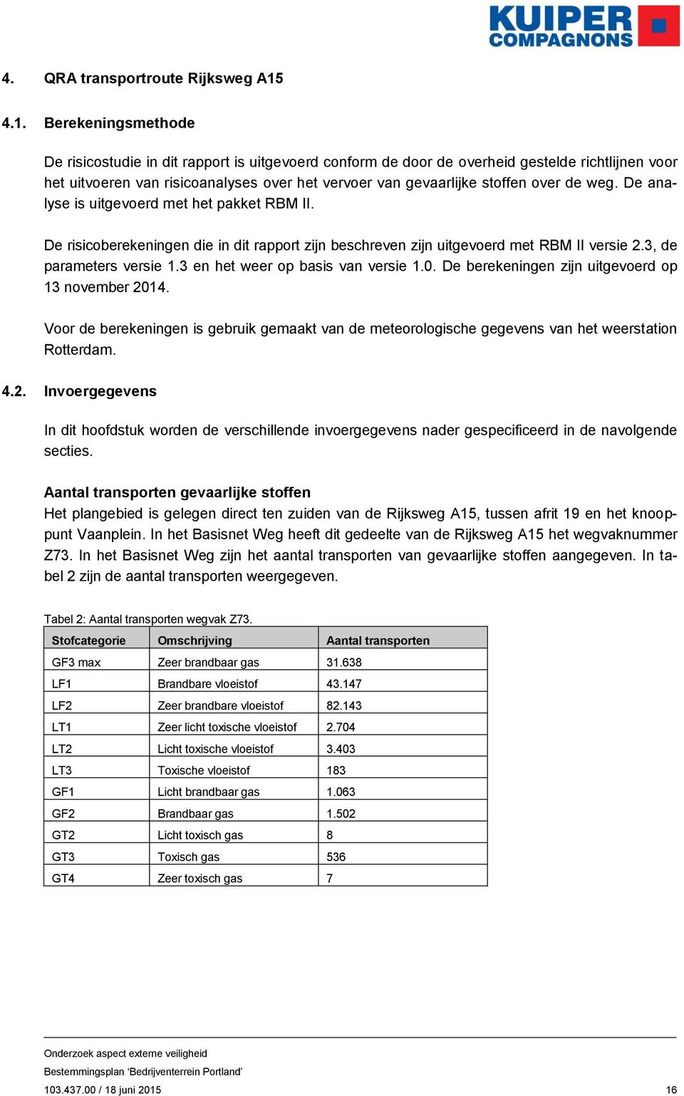 over de weg. De analyse is uitgevoerd met het pakket RBM II. De risicoberekeningen die in dit rapport zijn beschreven zijn uitgevoerd met RBM II versie 2.3, de parameters versie 1.