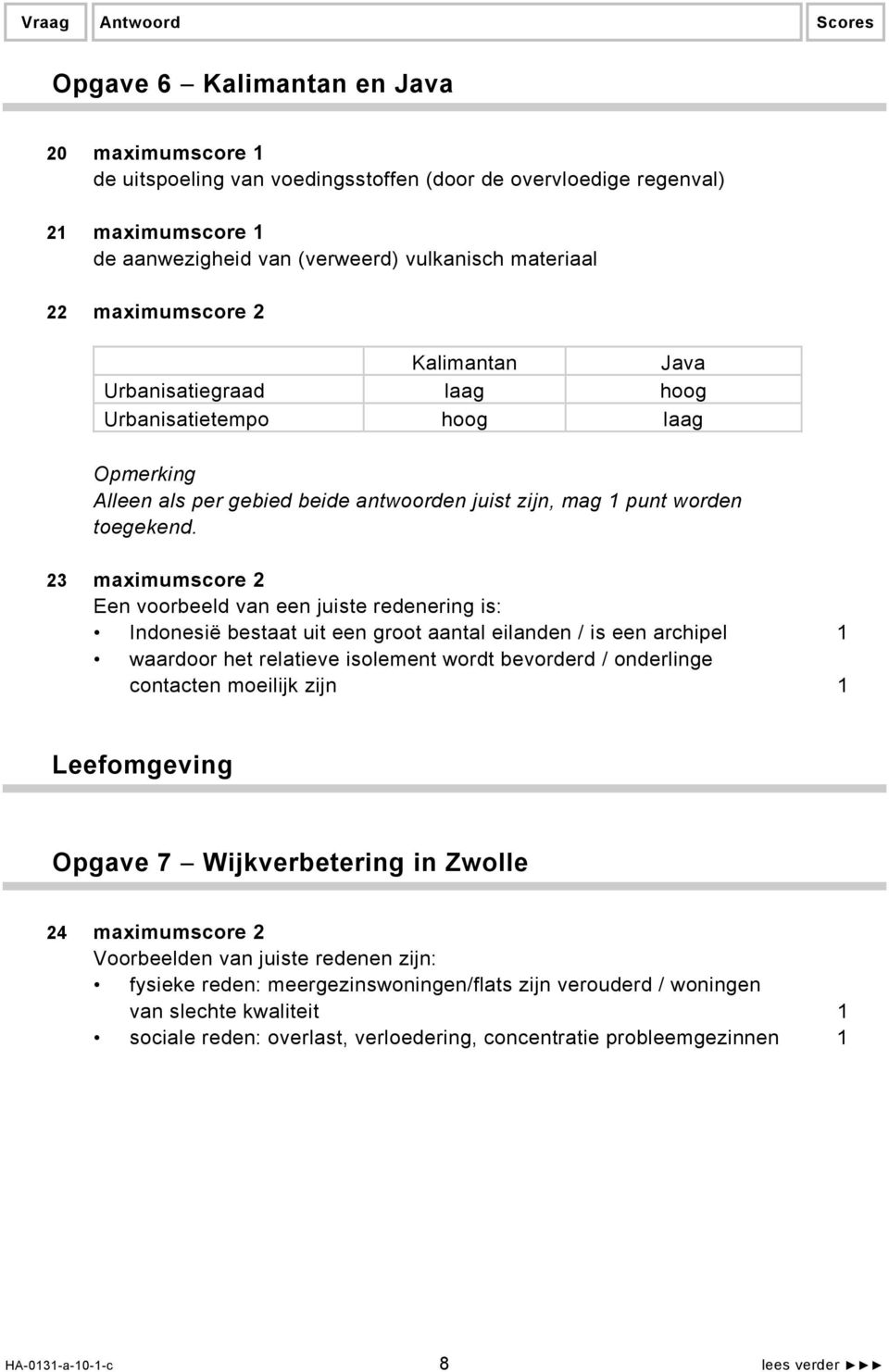 23 maximumscore 2 Een voorbeeld van een juiste redenering is: Indonesië bestaat uit een groot aantal eilanden / is een archipel 1 waardoor het relatieve isolement wordt bevorderd / onderlinge