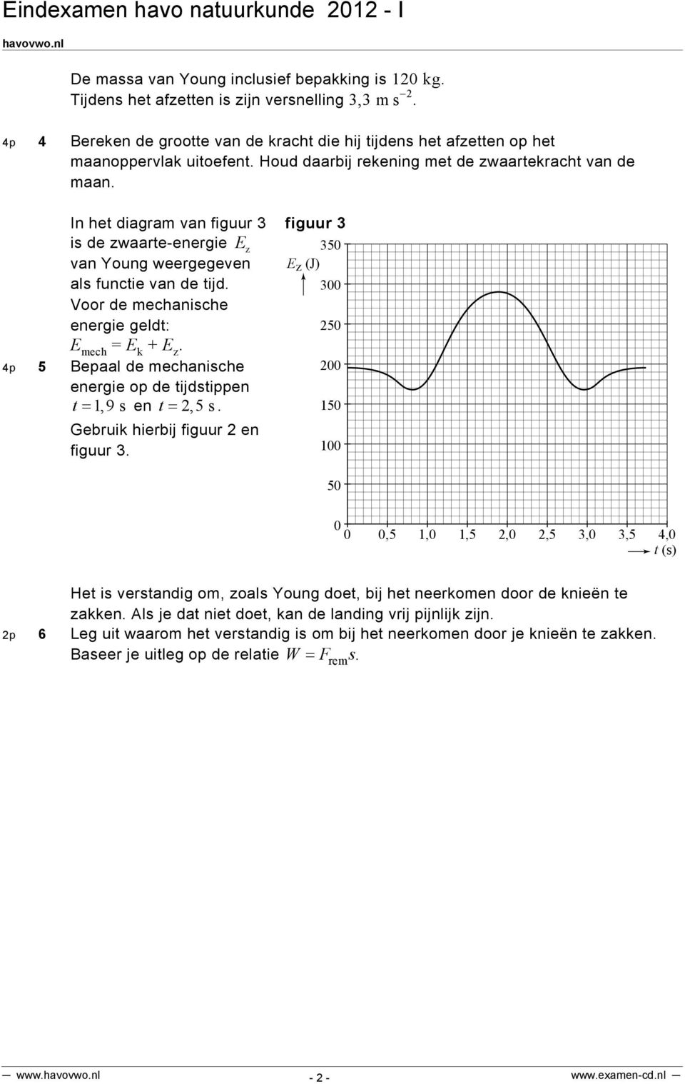 350 E z (J) 300 Voor de mechanische energie geldt: 250 E mech = E k E z. 4p 5 Bepaal de mechanische energie op de tijdstippen t 1, 9 s en t 2,5 s. Gebruik hierbij figuur 2 en figuur 3.