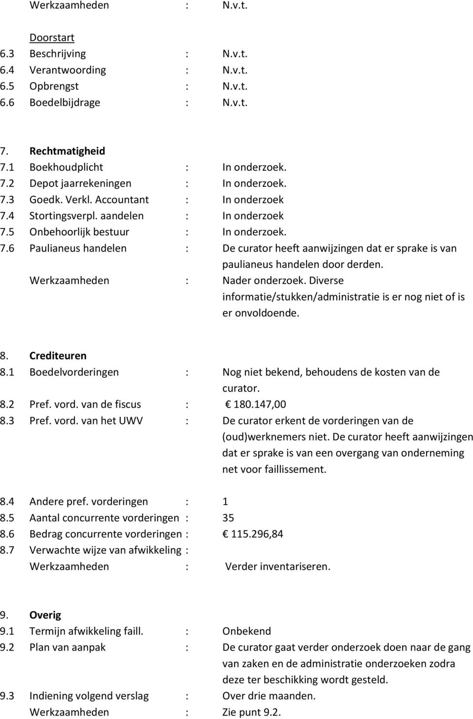 Werkzaamheden : Nader onderzoek. Diverse informatie/stukken/administratie is er nog niet of is er onvoldoende. 8. Crediteuren 8.