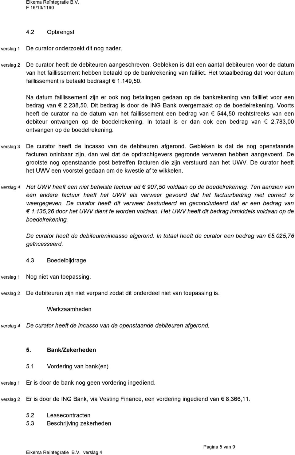 Na datum faillissement zijn er ook nog betalingen gedaan op de bankrekening van failliet voor een bedrag van 2.238,50. Dit bedrag is door de ING Bank overgemaakt op de boedelrekening.