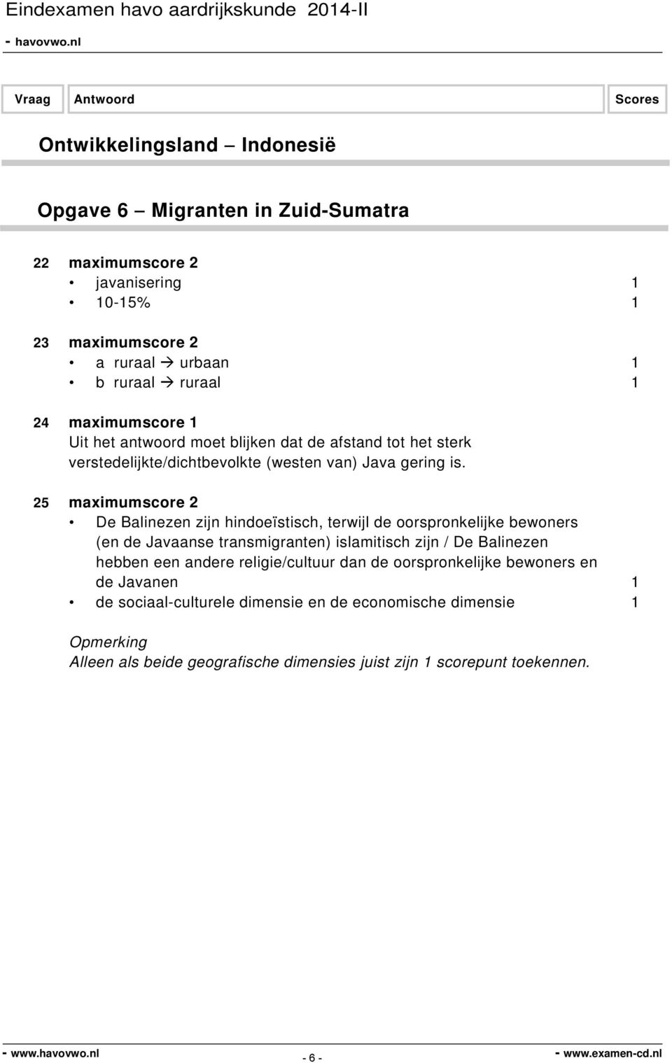 25 maximumscore 2 De Balinezen zijn hindoeïstisch, terwijl de oorspronkelijke bewoners (en de Javaanse transmigranten) islamitisch zijn / De Balinezen hebben een