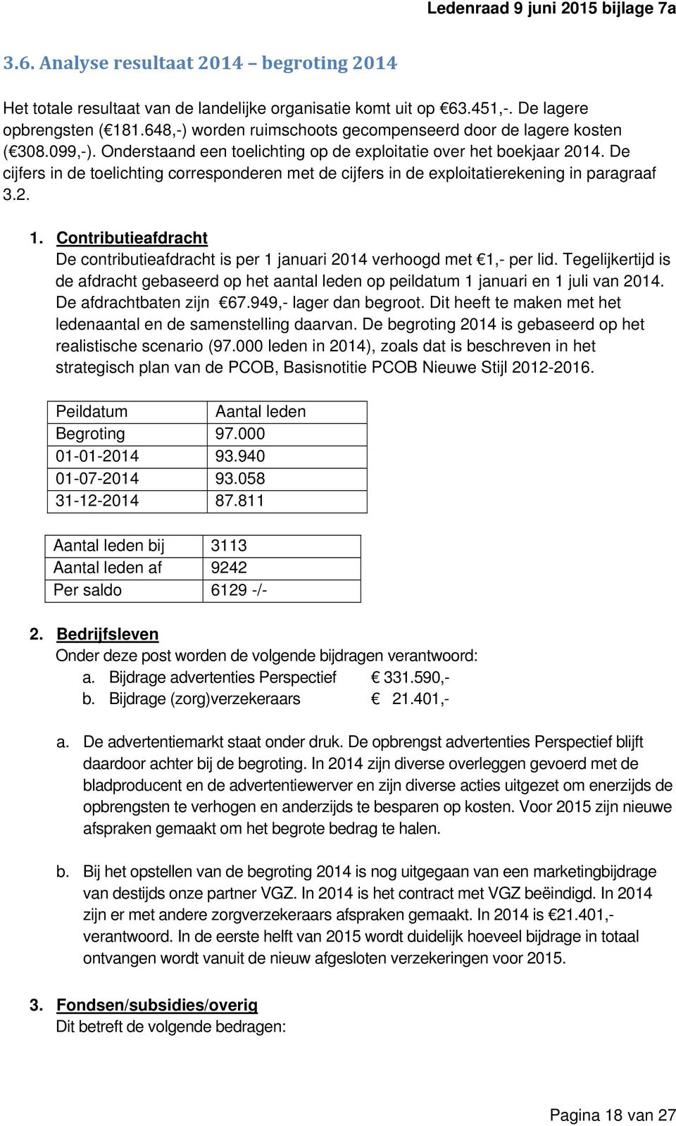 De cijfers in de toelichting corresponderen met de cijfers in de exploitatierekening in paragraaf 3.2. 1. Contributieafdracht De contributieafdracht is per 1 januari 2014 verhoogd met 1,- per lid.