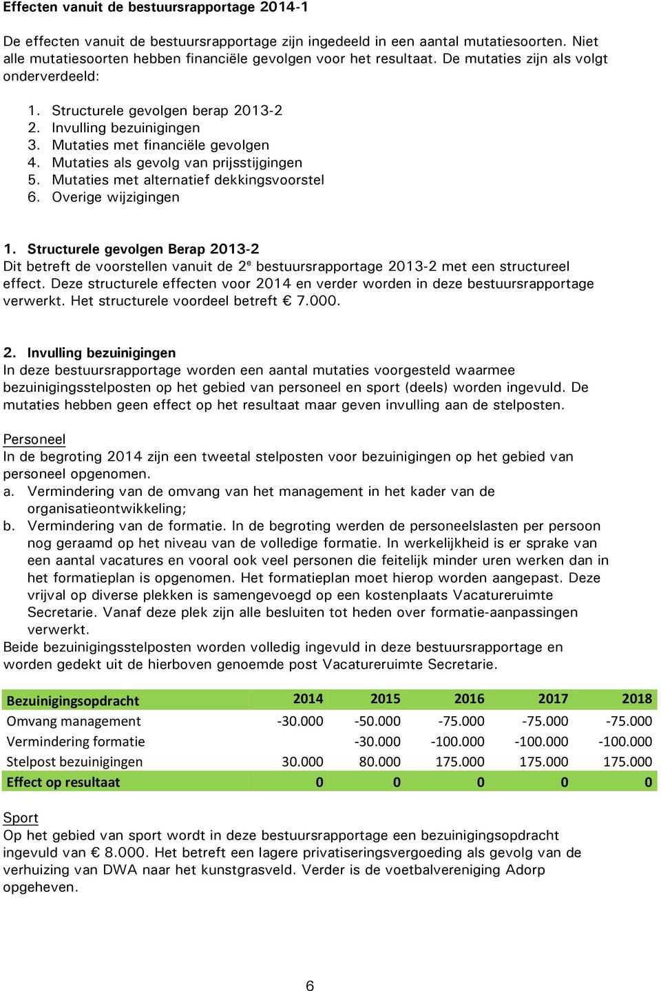 Mutaties met financiële gevolgen 4. Mutaties als gevolg van prijsstijgingen 5. Mutaties met alternatief dekkingsvoorstel 6. Overige wijzigingen 1.