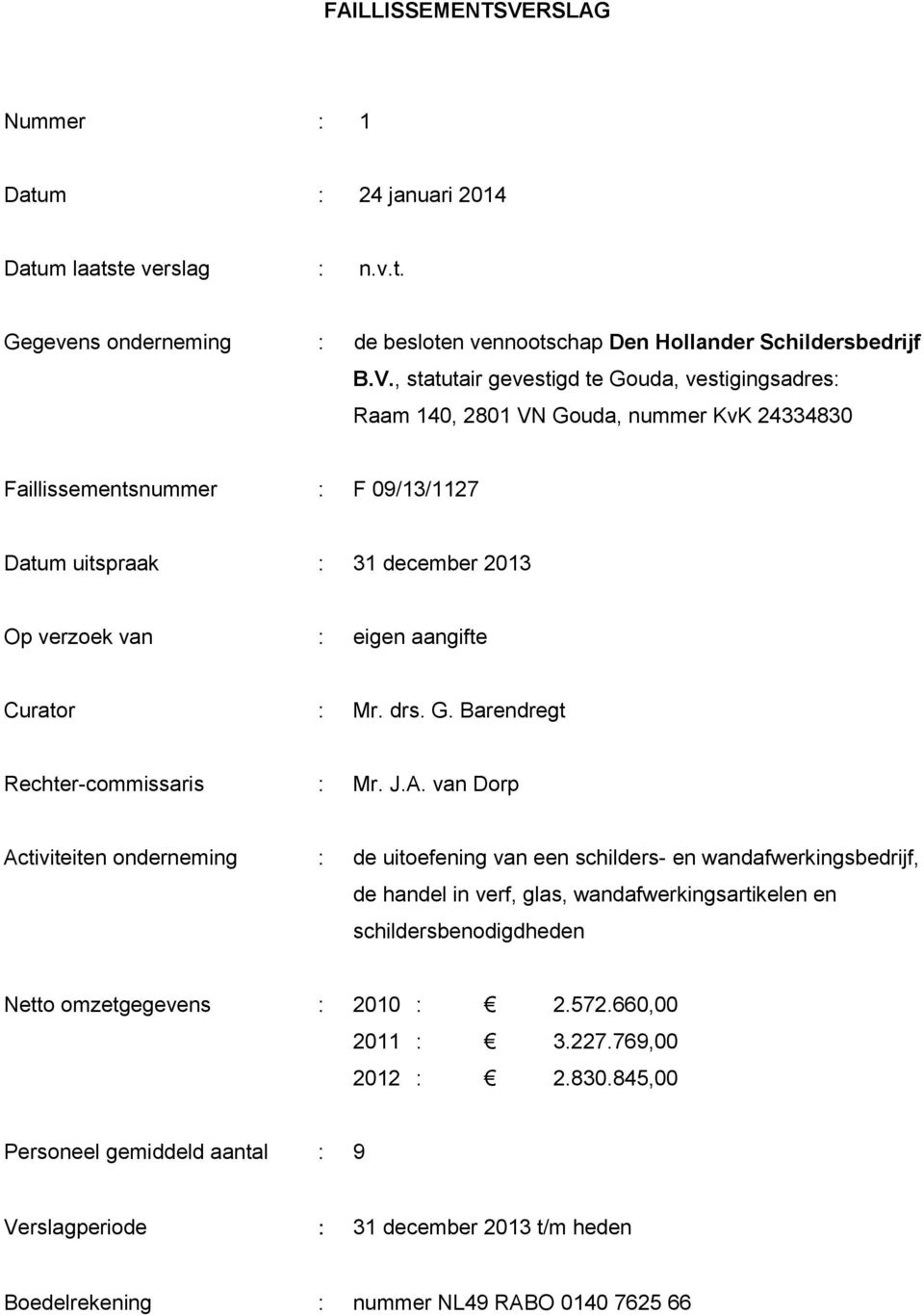 , statutair gevestigd te Gouda, vestigingsadres: Raam 140, 2801 VN Gouda, nummer KvK 24334830 Faillissementsnummer : F 09/13/1127 Datum uitspraak : 31 december 2013 Op verzoek van : eigen aangifte