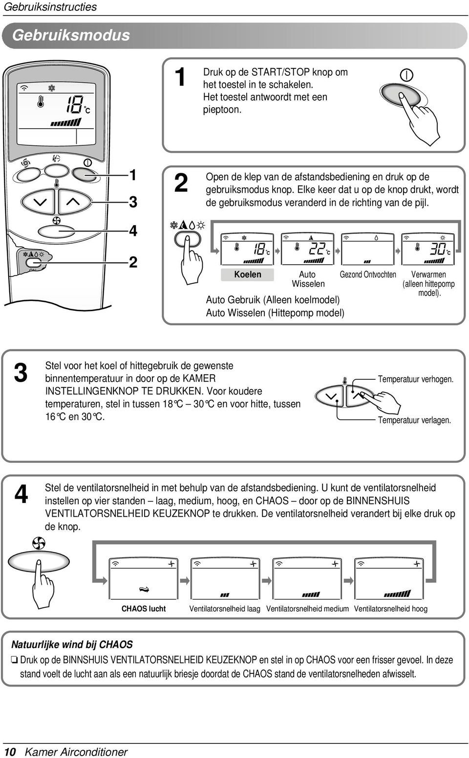 ON 2 Koelen Auto Wisselen Auto Gebruik (Alleen koelmodel) Auto Wisselen (Hittepomp model) Gezond Ontvochten Verwarmen (alleen hittepomp model).