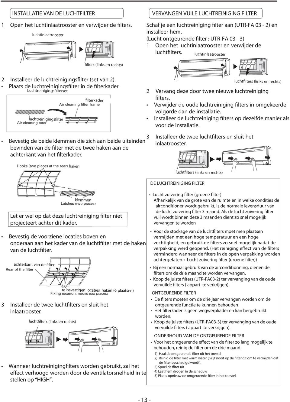 (Lucht ontgeurende filter : UTR-FA 03-3) 1 Open het luchtinlaatrooster en verwijder de luchtfilters. luchtinlaatrooster filters (links en rechts) 2 Installeer de luchtreinigingsfilter (set van 2).