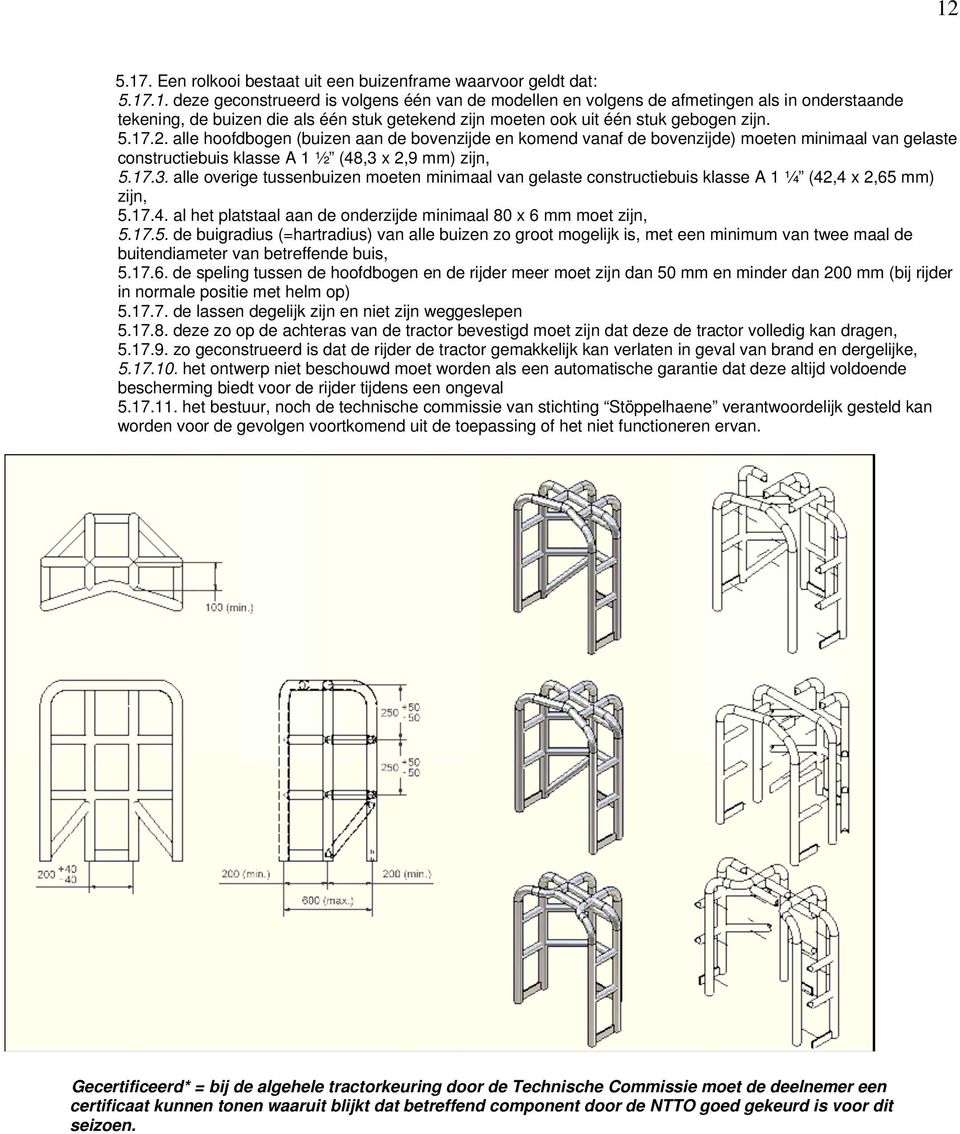 x 2,9 mm) zijn, 5.17.3. alle overige tussenbuizen moeten minimaal van gelaste constructiebuis klasse A 1 ¼ (42,4 x 2,65 mm) zijn, 5.17.4. al het platstaal aan de onderzijde minimaal 80 x 6 mm moet zijn, 5.