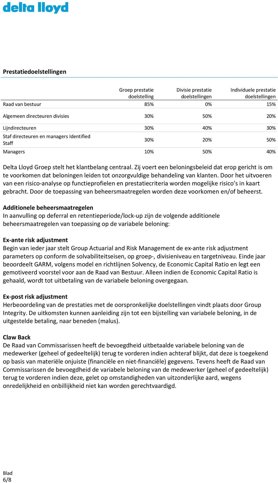 Zij voert een beloningsbeleid dat erop gericht is om te voorkomen dat beloningen leiden tot onzorgvuldige behandeling van klanten.