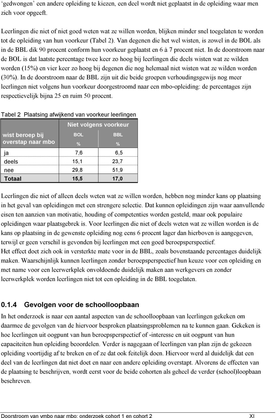 Van degenen die het wel wisten, is zowel in de BOL als in de BBL dik 90 procent conform hun voorkeur geplaatst en 6 à 7 procent niet.