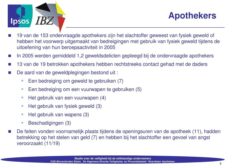 daders De aard van de geweldplegingen bestond uit : Een bedreiging om geweld te gebruiken (7) Een bedreiging om een vuurwapen te gebruiken (5) Het gebruik van een vuurwapen (4) Het gebruik van fysiek