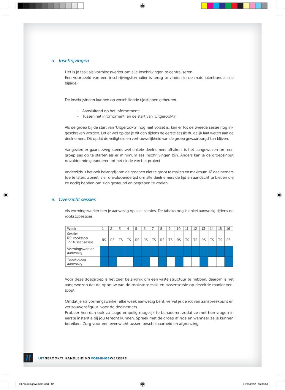 nog niet volzet is, kan er tot de tweede sessie nog ingeschreven worden. Let er wel op dat je dit dan tijdens de eerste sessie duidelijk laat weten aan de deelnemers.