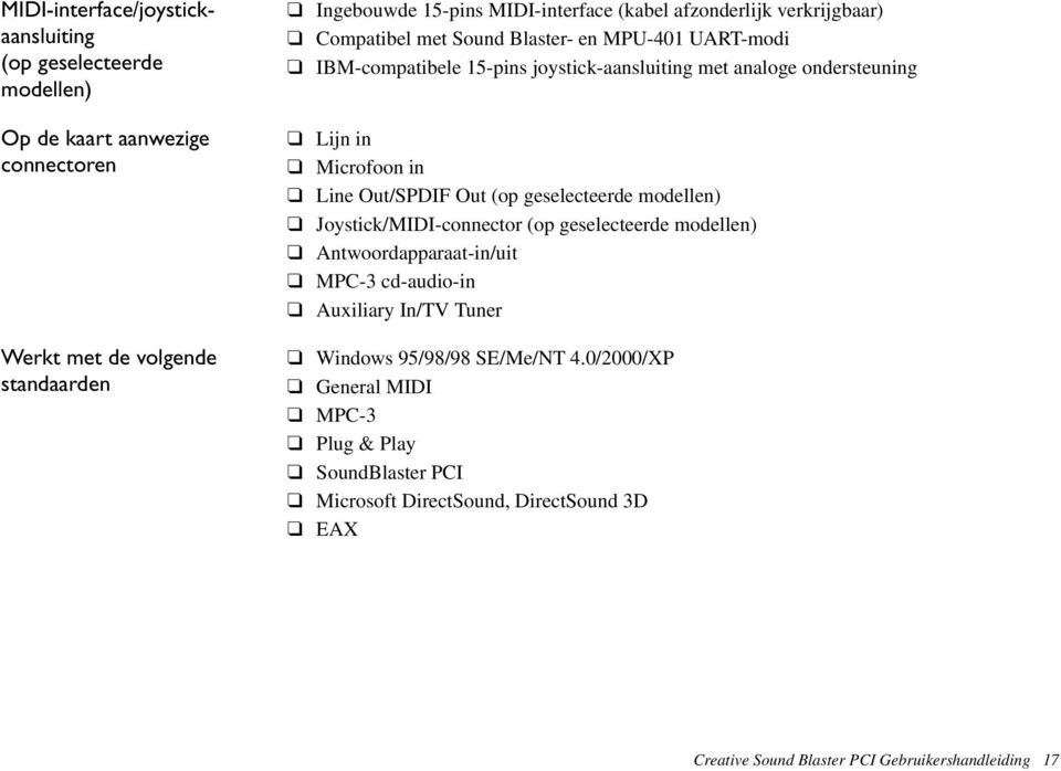 Microfoon in Line Out/SPDIF Out (op geselecteerde modellen) Joystick/MIDI-connector (op geselecteerde modellen) Antwoordapparaat-in/uit MPC-3 cd-audio-in Auxiliary In/TV