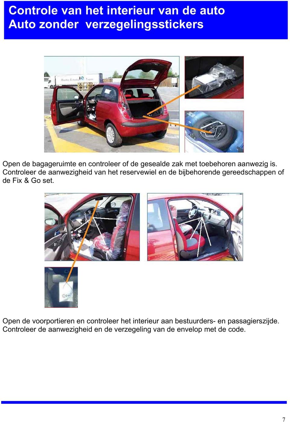 Controleer de aanwezigheid van het reservewiel en de bijbehorende gereedschappen of de Fix & Go set.