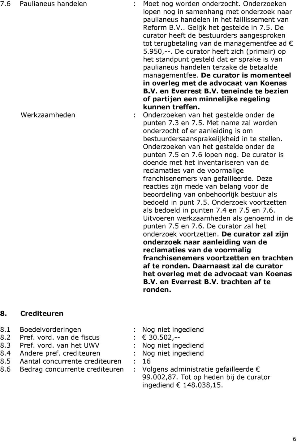 De curator heeft zich (primair) op het standpunt gesteld dat er sprake is van paulianeus handelen terzake de betaalde managementfee. De curator is momenteel in overleg met de advocaat van Koenas B.V.