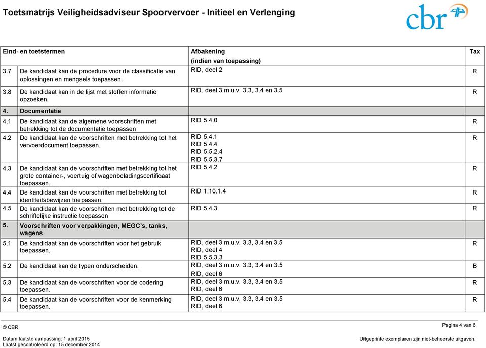 3 De kandidaat kan de voorschriften met betrekking tot het grote container-, voertuig of wagenbeladingscertificaat 4.4 De kandidaat kan de voorschriften met betrekking tot identiteitsbewijzen 4.