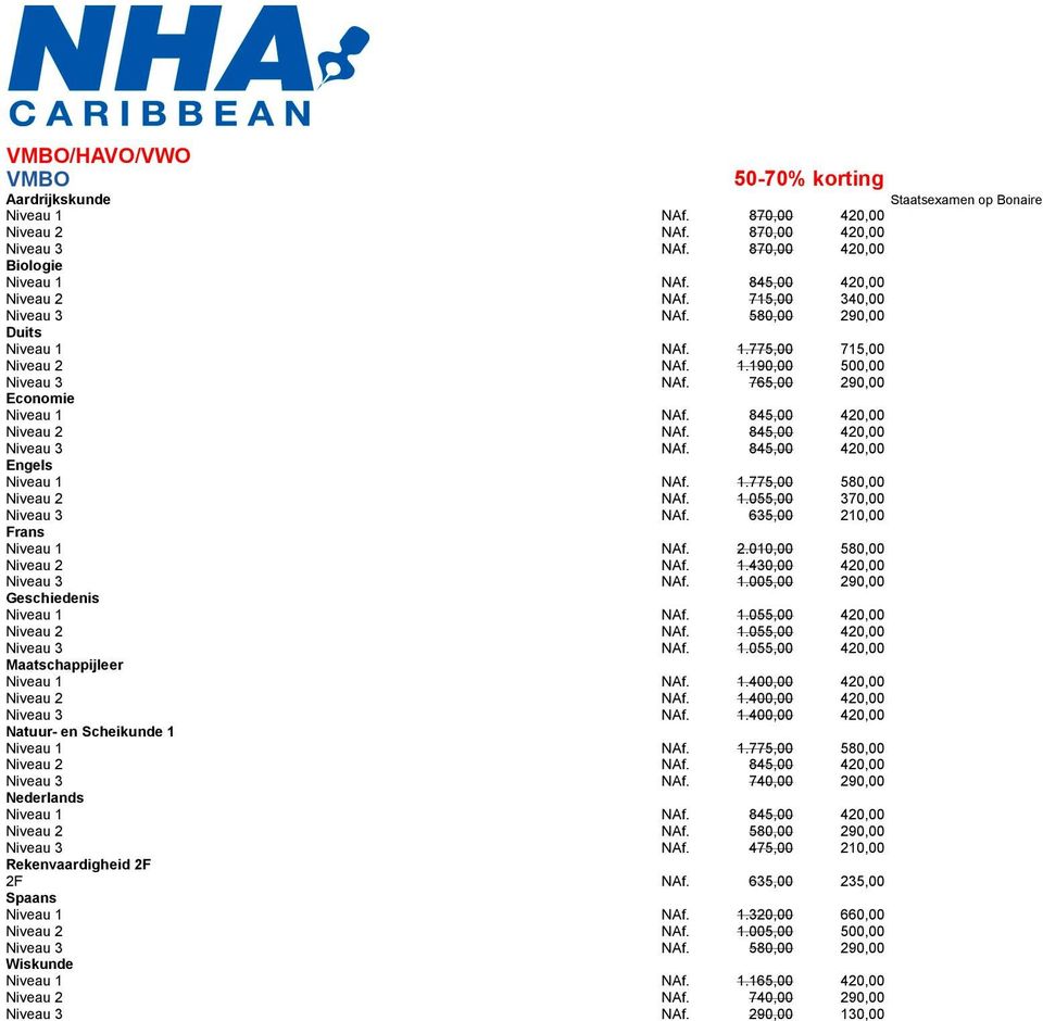 845,00 420,00 Niveau 3 NAf. 845,00 420,00 Engels Niveau 1 NAf. 1.775,00 580,00 Niveau 2 NAf. 1.055,00 370,00 Niveau 3 NAf. 635,00 210,00 Frans Niveau 1 NAf. 2.010,00 580,00 Niveau 2 NAf. 1.430,00 420,00 Niveau 3 NAf.