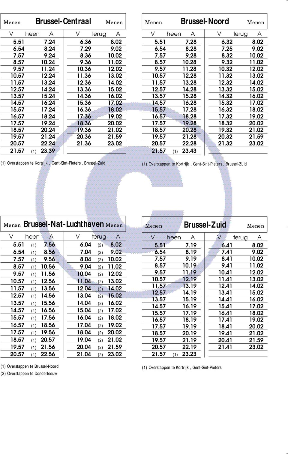 36 21.59 21.36 23.02, Gent-Sint-Pieters, Brussel-Zuid Menen Brussel-Noord Menen 5.51 7.28 6.54 8.28 7.57 9.28 8.57 10.28 9.57 11.28 10.57 12.28 11.57 13.28 12.57 14.28 13.57 15.28 14.57 16.28 15.