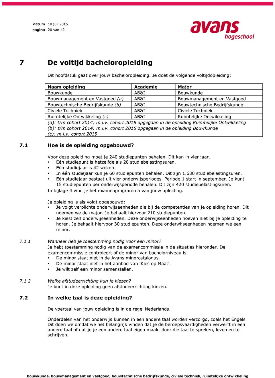 Bouwtechnische Bedrijfskunde Civiele Techniek AB&I Civiele Techniek Ruimtelijke Ontwikkeling (c) AB&I Ruimtelijke Ontwikkeling (a): t/m cohort 2014; m.i.v. cohort 2015 opgegaan in de opleiding Ruimtelijke Ontwikkeling (b): t/m cohort 2014; m.