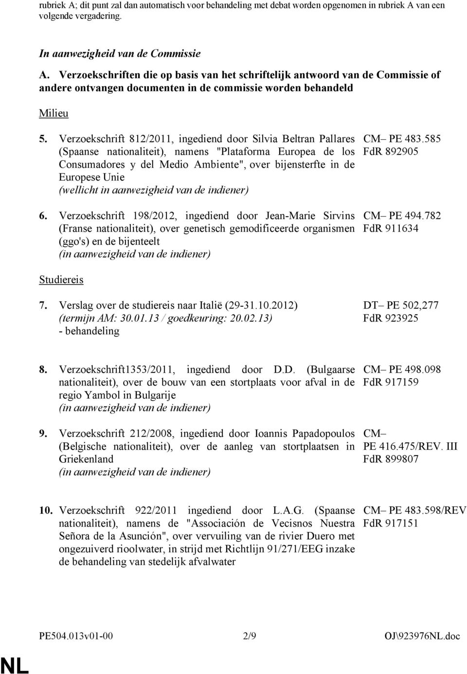 Verzoekschrift 812/2011, ingedid door Silvia Beltran Pallares (Spaanse nationaliteit), nams "Plataforma Europea de los Consumadores y del Medio Ambite", over bijsterfte in de Europese Unie (wellicht