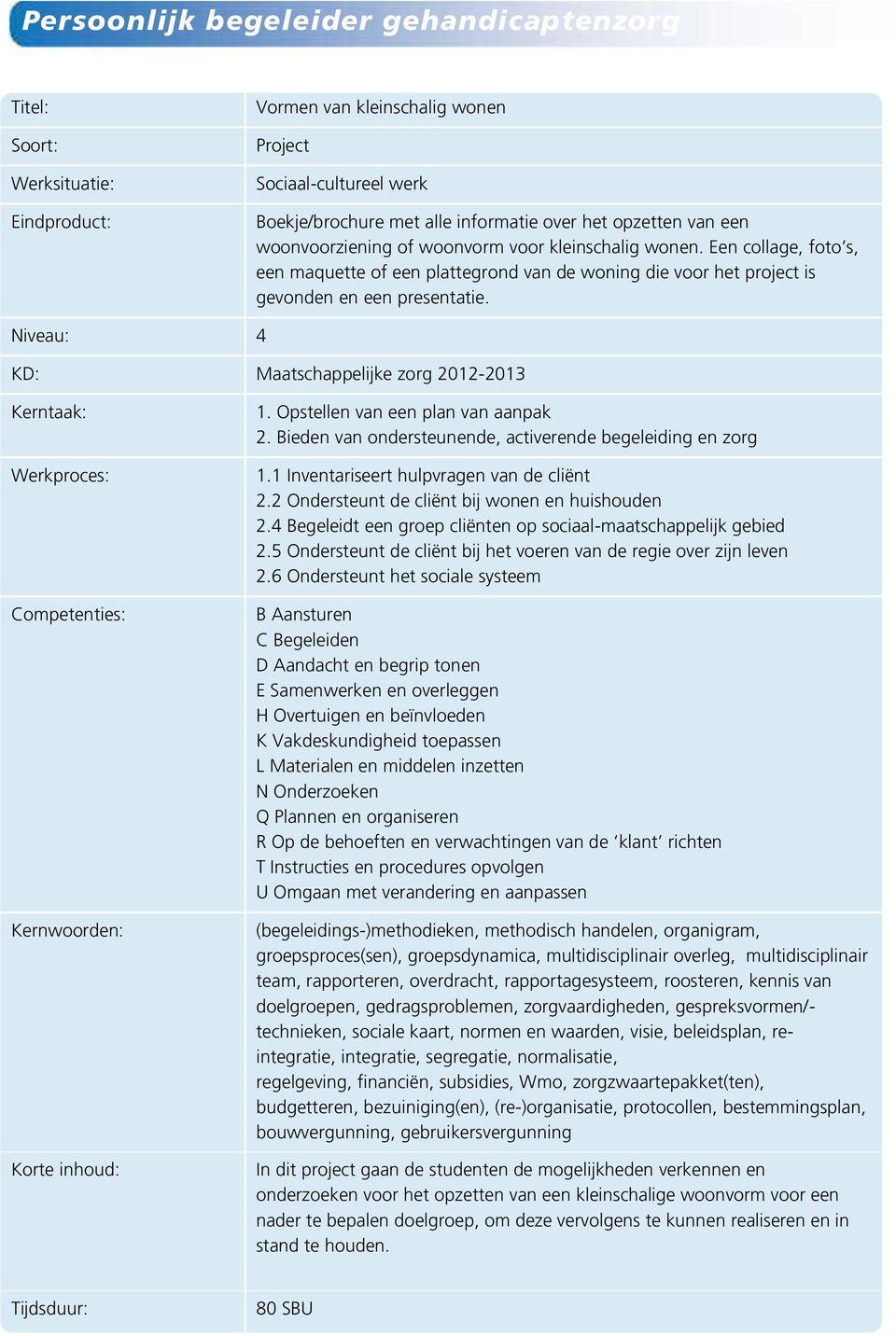 Niveau: 4 KD: Maatschappelijke zorg 2012-2013 Kerntaak: Werkproces: Competenties: Kernwoorden: Korte inhoud: 1. Opstellen van een plan van aanpak 2.
