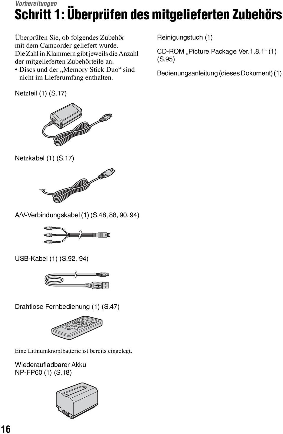 Reinigungstuch (1) CD-ROM Picture Package Ver.1.8.1 (1) (S.95) Bedienungsanleitung (dieses Dokument) (1) Netzteil (1) (S.17) Netzkabel (1) (S.