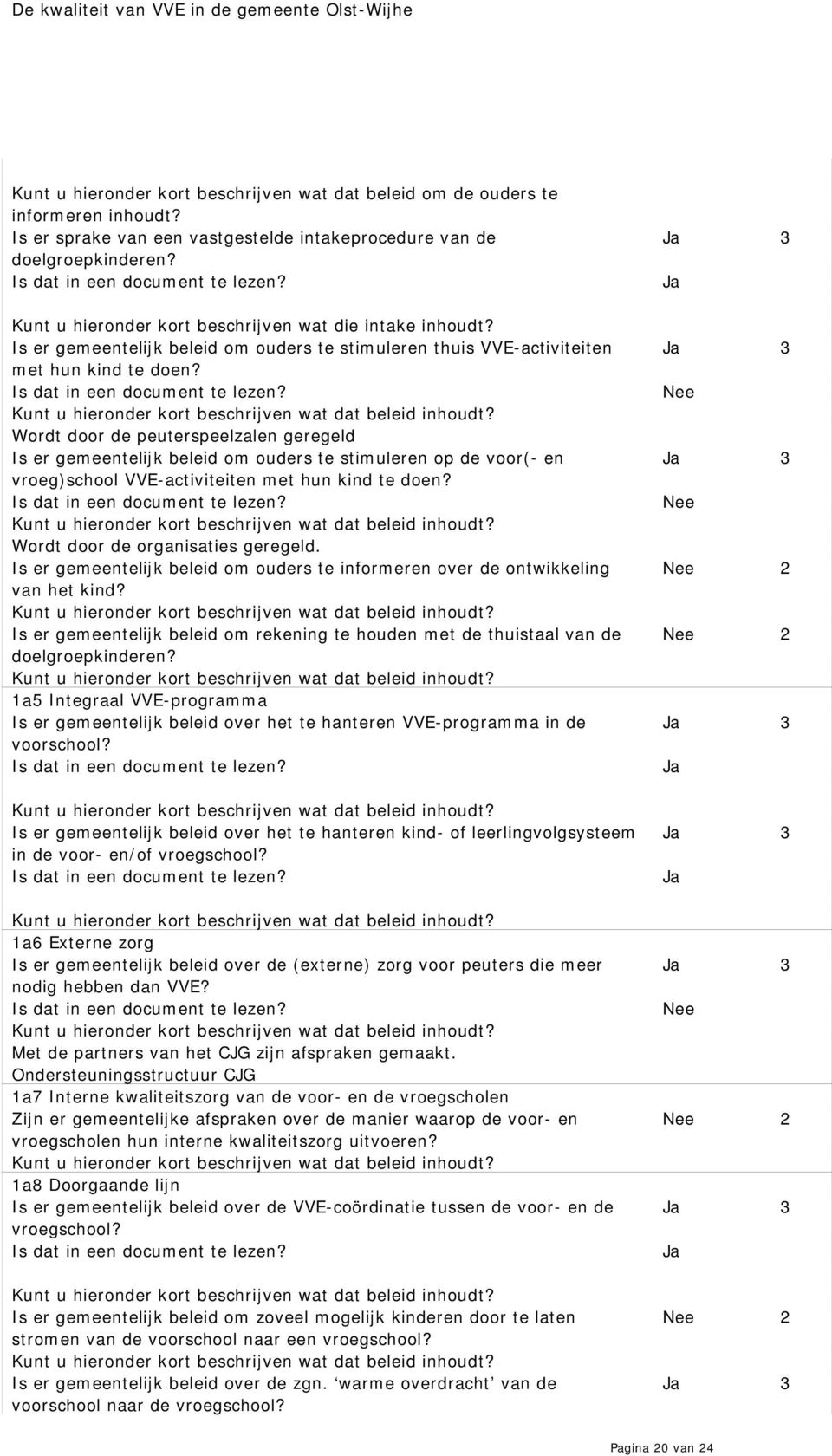 Wordt door de peuterspeelzalen geregeld Is er gemeentelijk beleid om ouders te stimuleren op de voor(- en vroeg)school VVE-activiteiten met hun kind te doen? Wordt door de organisaties geregeld.