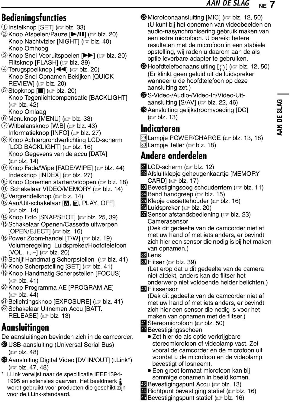 42) Knop Omlaag F Menuknop [MENU] ( blz. 33) G Witbalansknop [W.B] ( blz. 43) Informatieknop [INFO] ( blz. 27) H Knop Achtergrondverlichting LCD-scherm [LCD BACKLIGHT] ( blz.