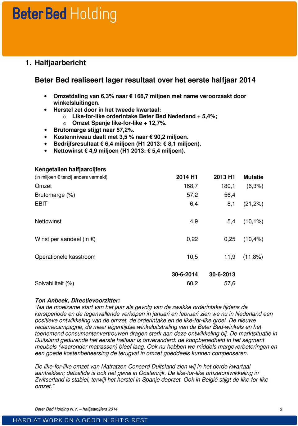 Kostenniveau daalt met 3,5 % naar 90,2 miljoen. Bedrijfsresultaat 6,4 miljoen (H1 2013: 8,1 miljoen). Nettowinst 4,9 miljoen (H1 2013: 5,4 miljoen).