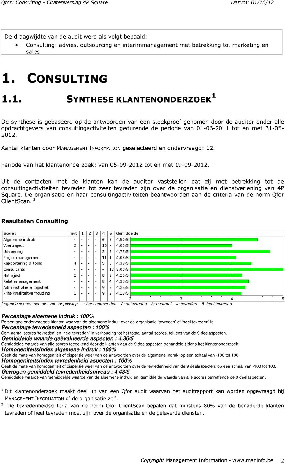 1. SYNTHESE KLANTENONDERZOEK 1 De synthese is gebaseerd op de antwoorden van een steekproef genomen door de auditor onder alle opdrachtgevers van consultingactiviteiten gedurende de periode van