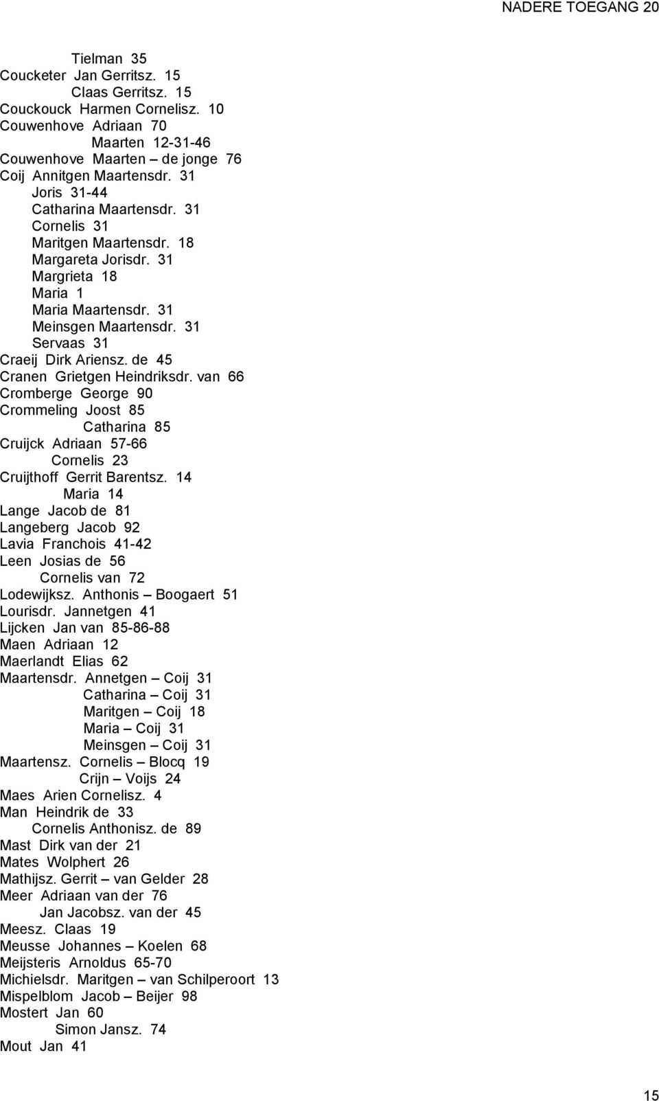 de 45 Cranen Grietgen Heindriksdr. van 66 Cromberge George 90 Crommeling Joost 85 Catharina 85 Cruijck Adriaan 57-66 Cornelis 23 Cruijthoff Gerrit Barentsz.