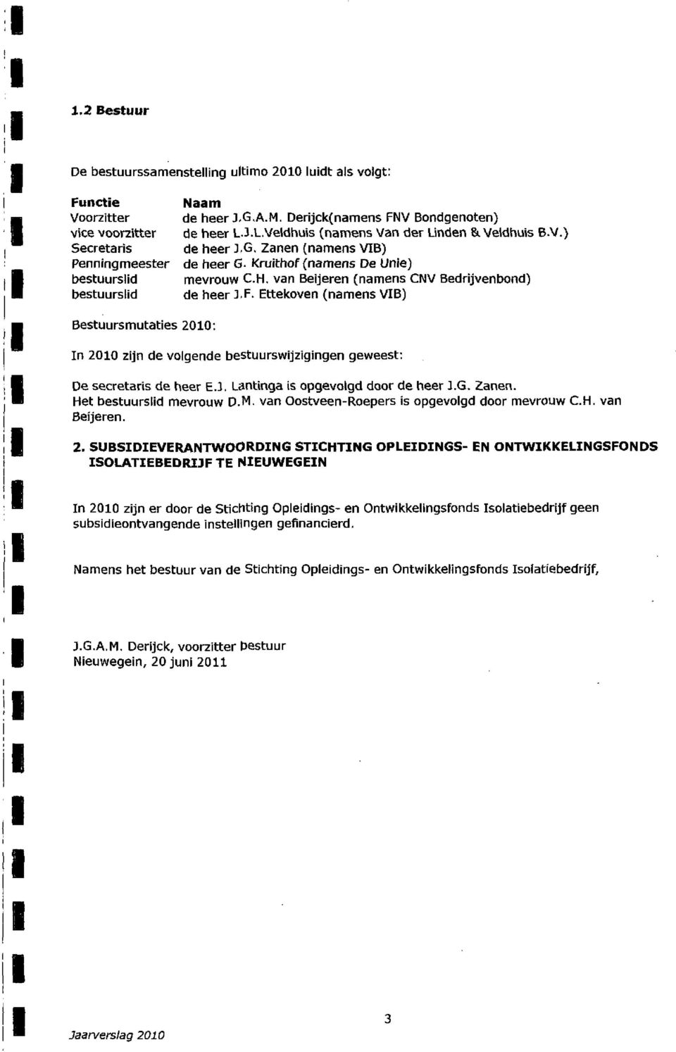 van Beijeren (namens CNV Bedrijvenbond) de heer 3.F. Ettekoven (namens VB) n 2010 zijn de volgende bestuurswijzigingen geweest: De secretaris de heer E.J. Lantinga is opgevolgd door de heer J.G.