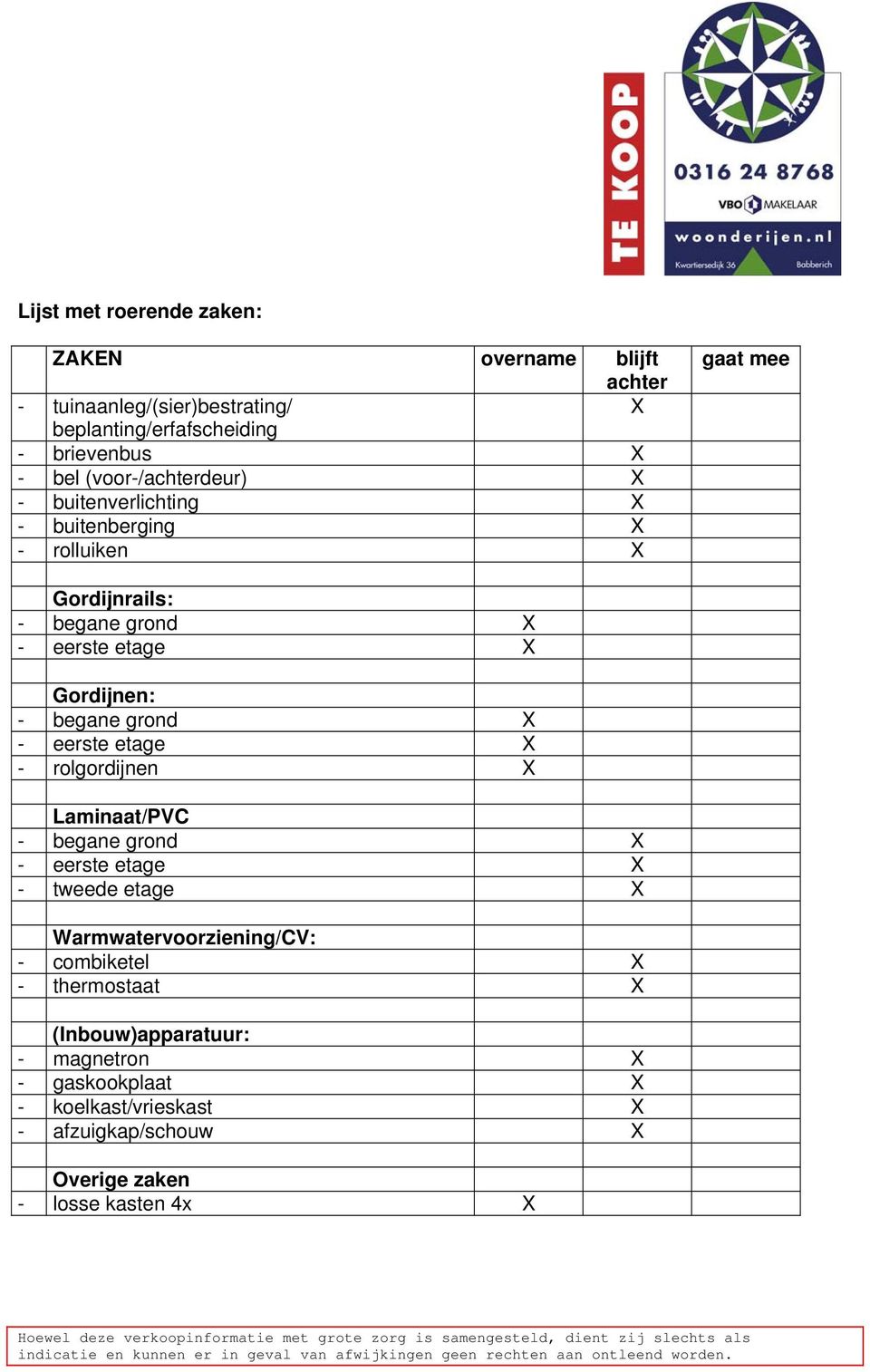 begane grond X - eerste etage X - rolgordijnen X Laminaat/PVC - begane grond X - eerste etage X - tweede etage X Warmwatervoorziening/CV: -