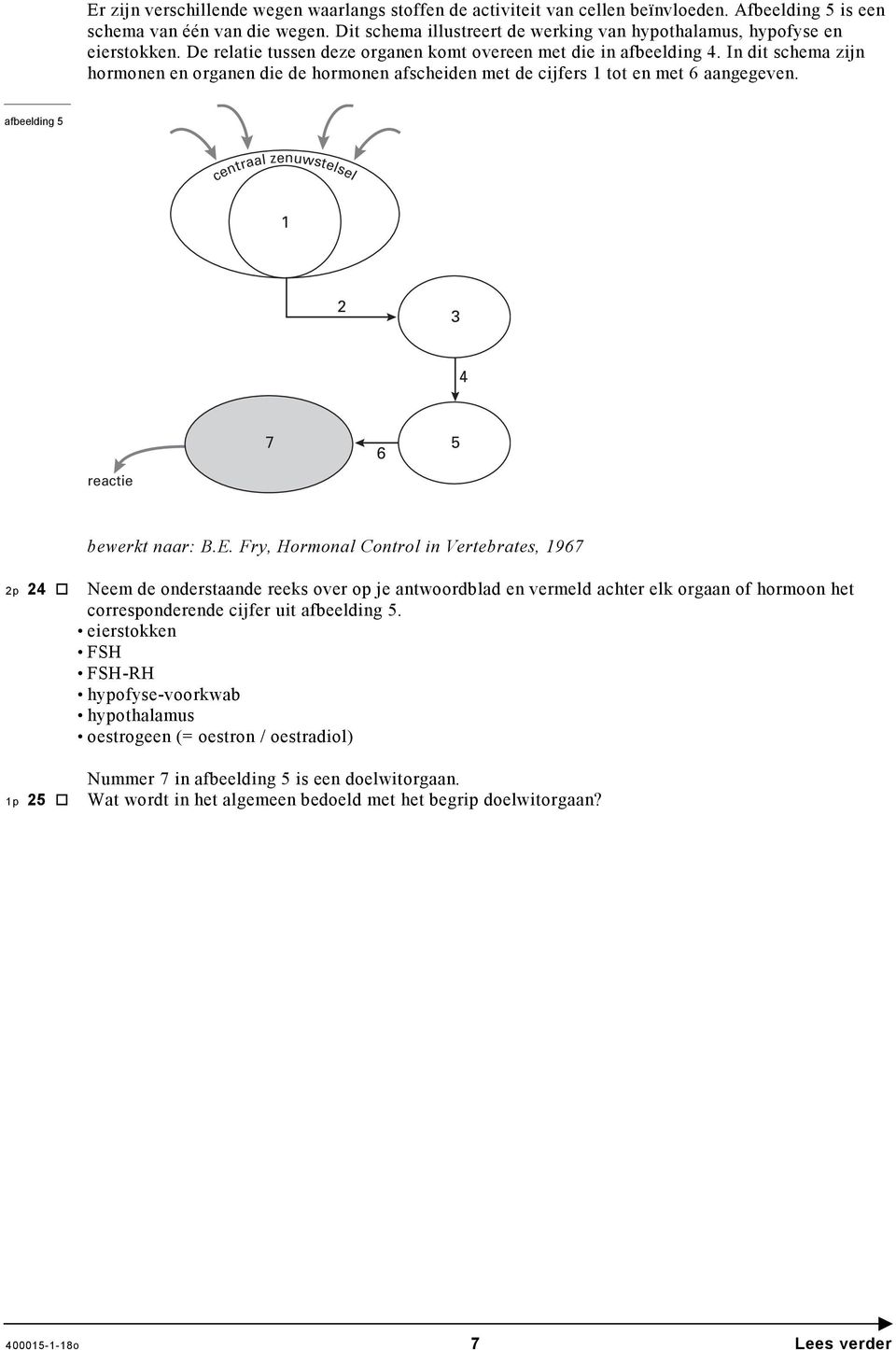 In dit schema zijn hormonen en organen die de hormonen afscheiden met de cijfers 1 tot en met 6 aangegeven. afbeelding 5 centraal zenuwstelsel 1 2 3 4 reactie 7 6 5 2p 24 bewerkt naar: B.E.
