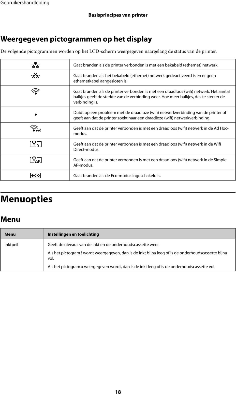 Gaat branden als de printer verbonden is met een draadloos (wifi) netwerk. Het aantal balkjes geeft de sterkte van de verbinding weer. Hoe meer balkjes, des te sterker de verbinding is.