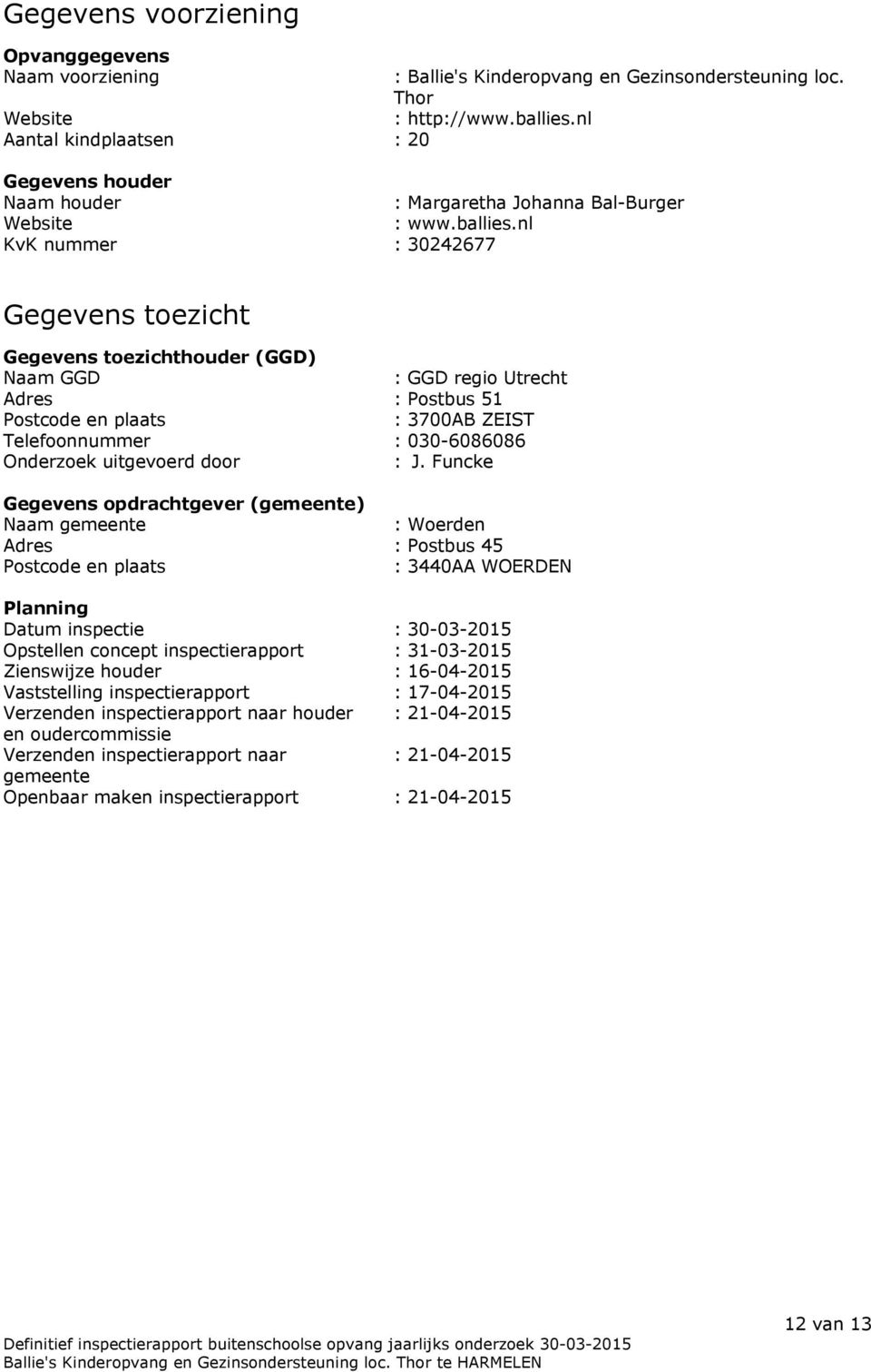 nl KvK nummer : 30242677 Gegevens toezicht Gegevens toezichthouder (GGD) Naam GGD : GGD regio Utrecht Adres : Postbus 51 Postcode en plaats : 3700AB ZEIST Telefoonnummer : 030-6086086 Onderzoek