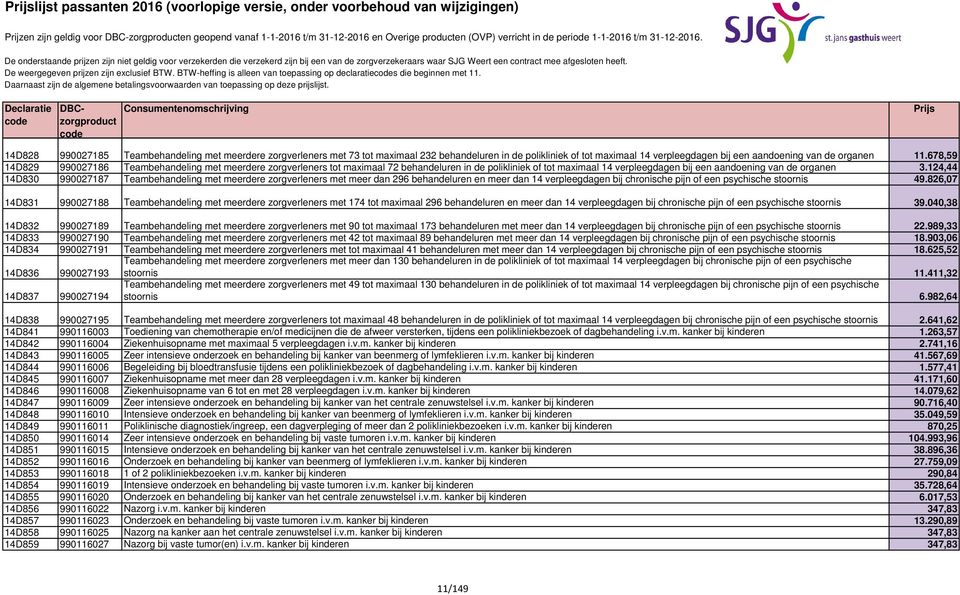 678,59 14D829 990027186 Teambehandeling met meerdere zorgverleners tot maximaal 72 behandeluren in de polikliniek of tot maximaal 14 verpleegdagen bij een aandoening van de organen 3.