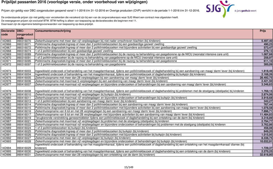 497,40 14D966 990316071 Poliklinische diagnostiek/ingreep of meer dan 2 polikliniekbezoeken bij een goedaardige gezwel/ zwelling 490,23 14D967 990316072 Poliklinische diagnostiek/ingreep of meer dan