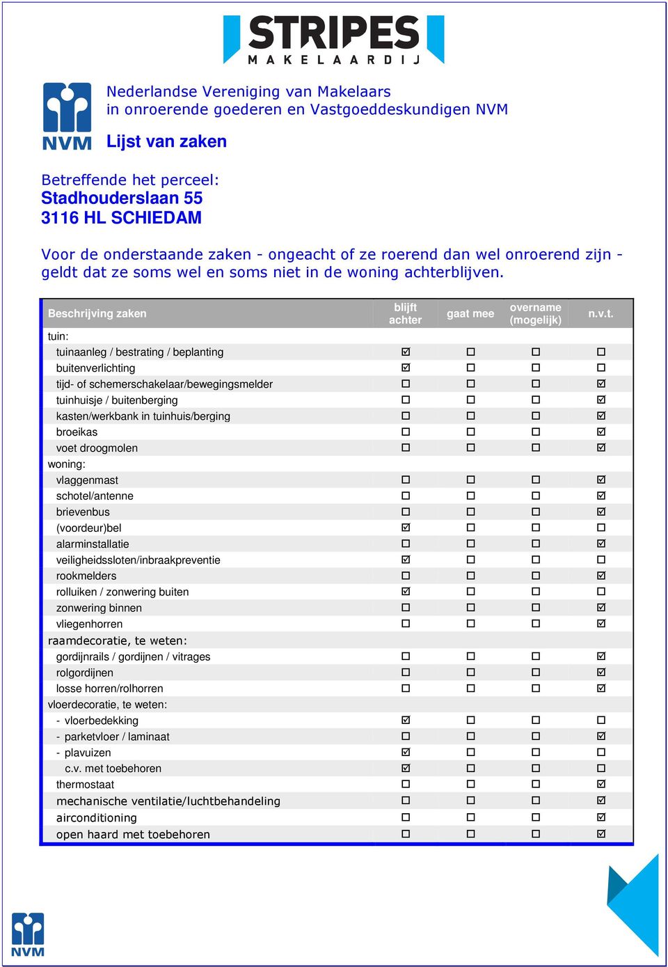 Beschrijving zaken blijft achter gaat mee overname (mogelijk) tuin: tuinaanleg / bestrating / beplanting buitenverlichting tijd- of schemerschakelaar/bewegingsmelder tuinhuisje / buitenberging