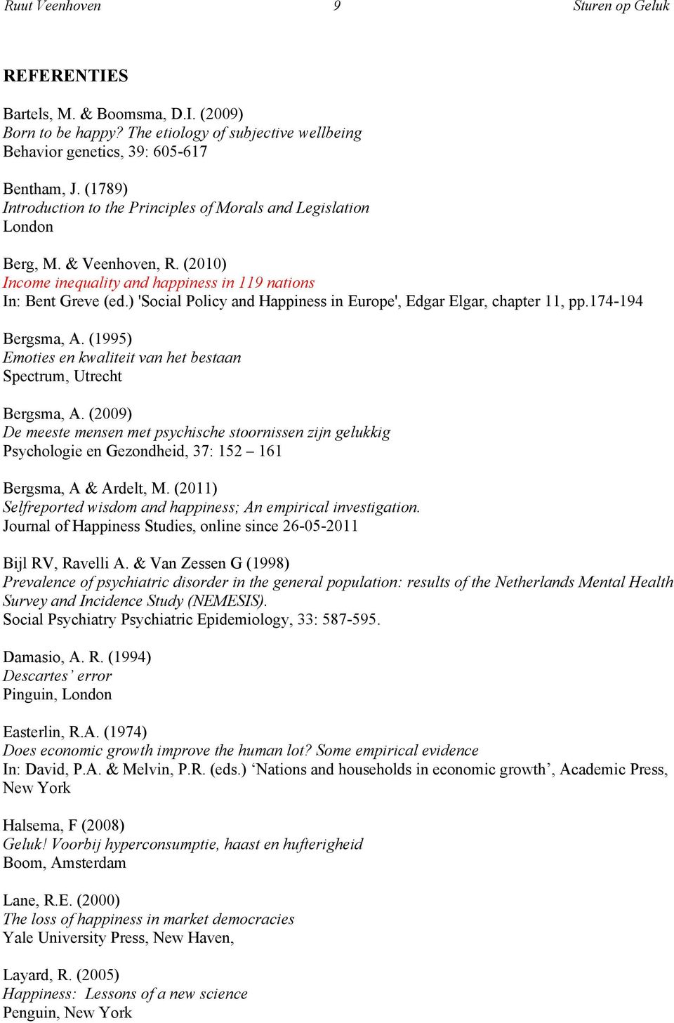 ) 'Social Policy and Happiness in Europe', Edgar Elgar, chapter 11, pp.174-194 Bergsma, A. (1995) Emoties en kwaliteit van het bestaan Spectrum, Utrecht Bergsma, A.