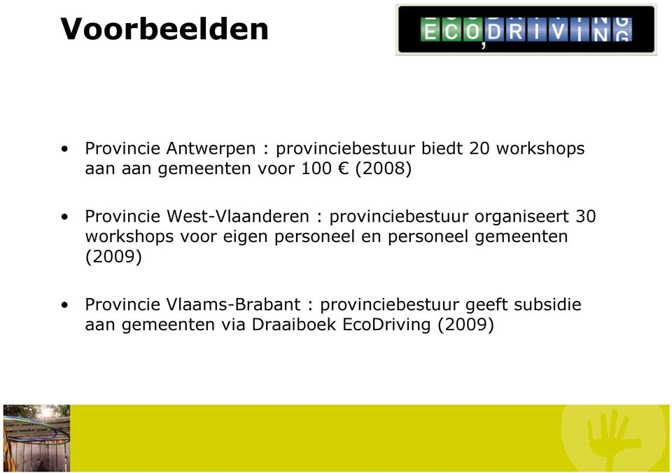30 workshops voor eigen personeel en personeel gemeenten (2009) Provincie