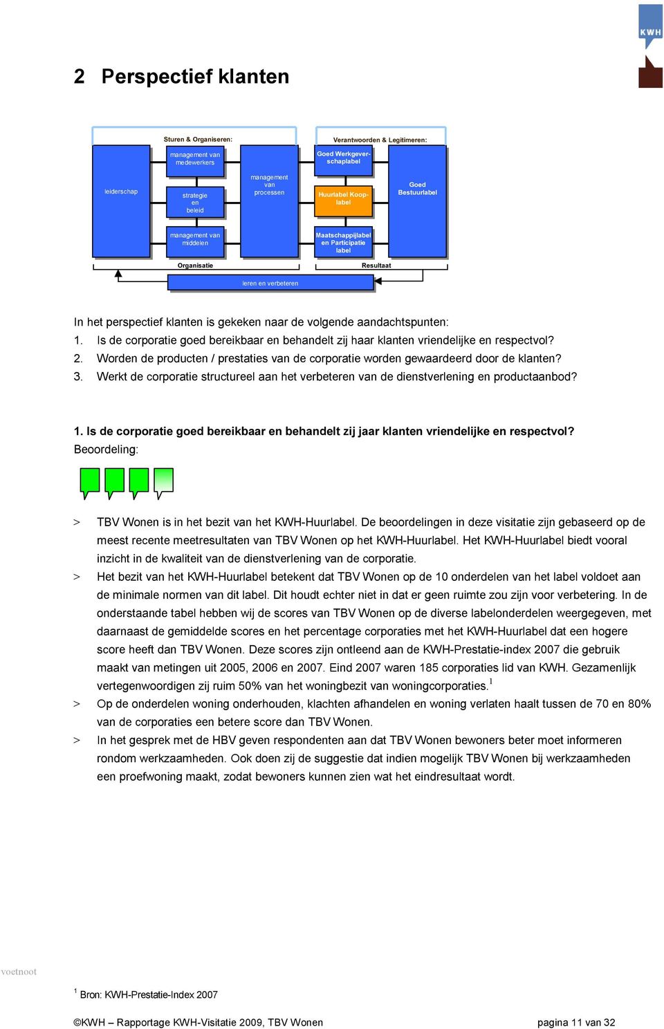 aandachtspunten: 1. Is de corporatie goed bereikbaar en behandelt zij haar klanten vriendelijke en respectvol? 2. Worden de producten / prestaties van de corporatie worden gewaardeerd door de klanten?