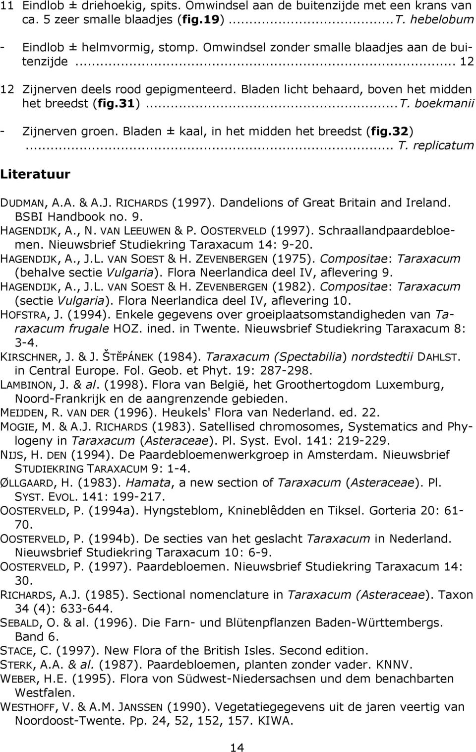 Bladen ± kaal, in het midden het breedst (fig.32)... T. replicatum Literatuur DUDMAN, A.A. & A.J. RICHARDS (1997). Dandelions of Great Britain and Ireland. BSBI Handbook no. 9. HAGENDIJK, A., N.