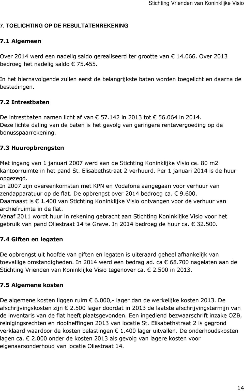 Deze lichte daling van de baten is het gevolg van geringere rentevergoeding op de bonusspaarrekening. 7.3 Huuropbrengsten Met ingang van 1 januari 2007 werd aan de Stichting Koninklijke Visio ca.