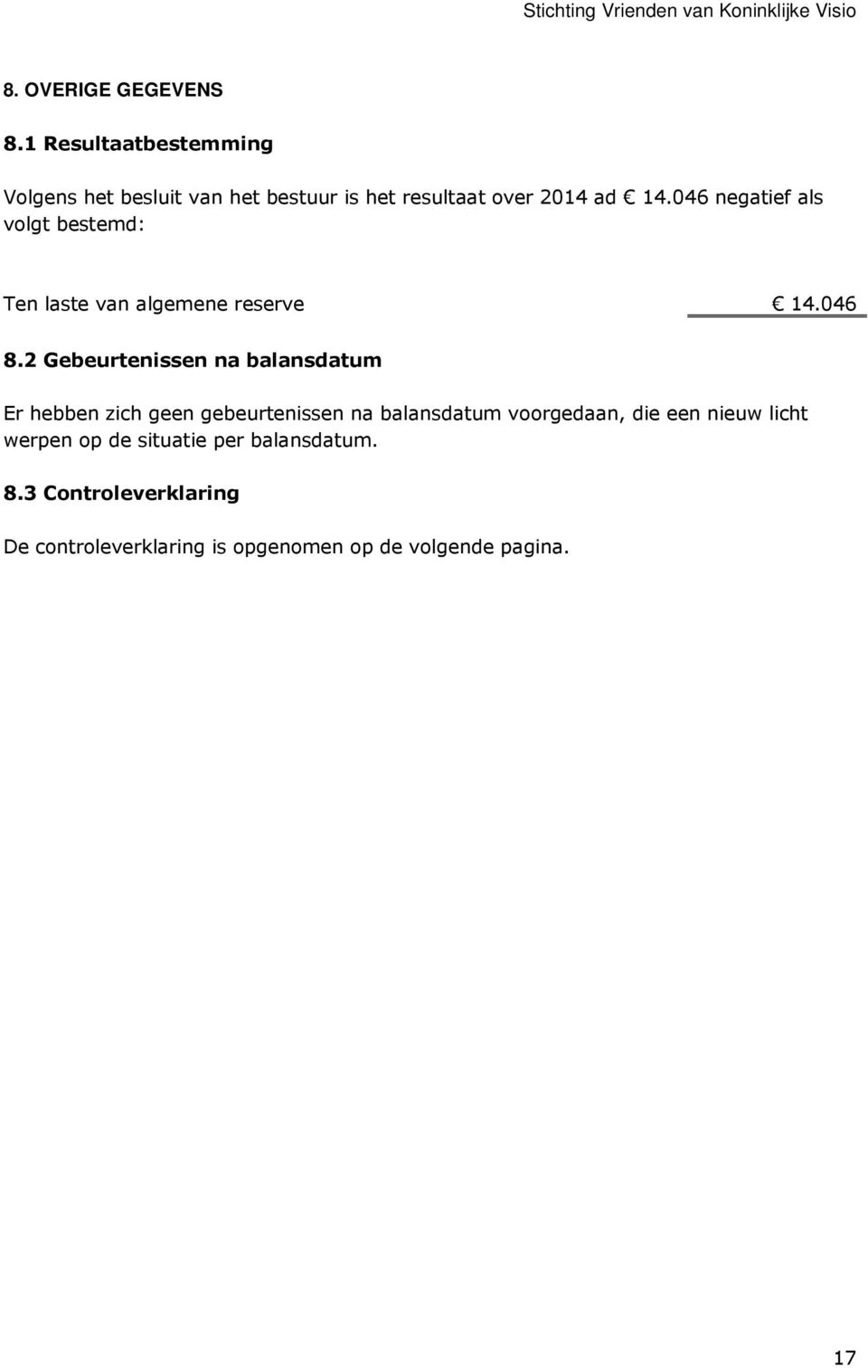 046 negatief als volgt bestemd: Ten laste van algemene reserve 14.046 8.