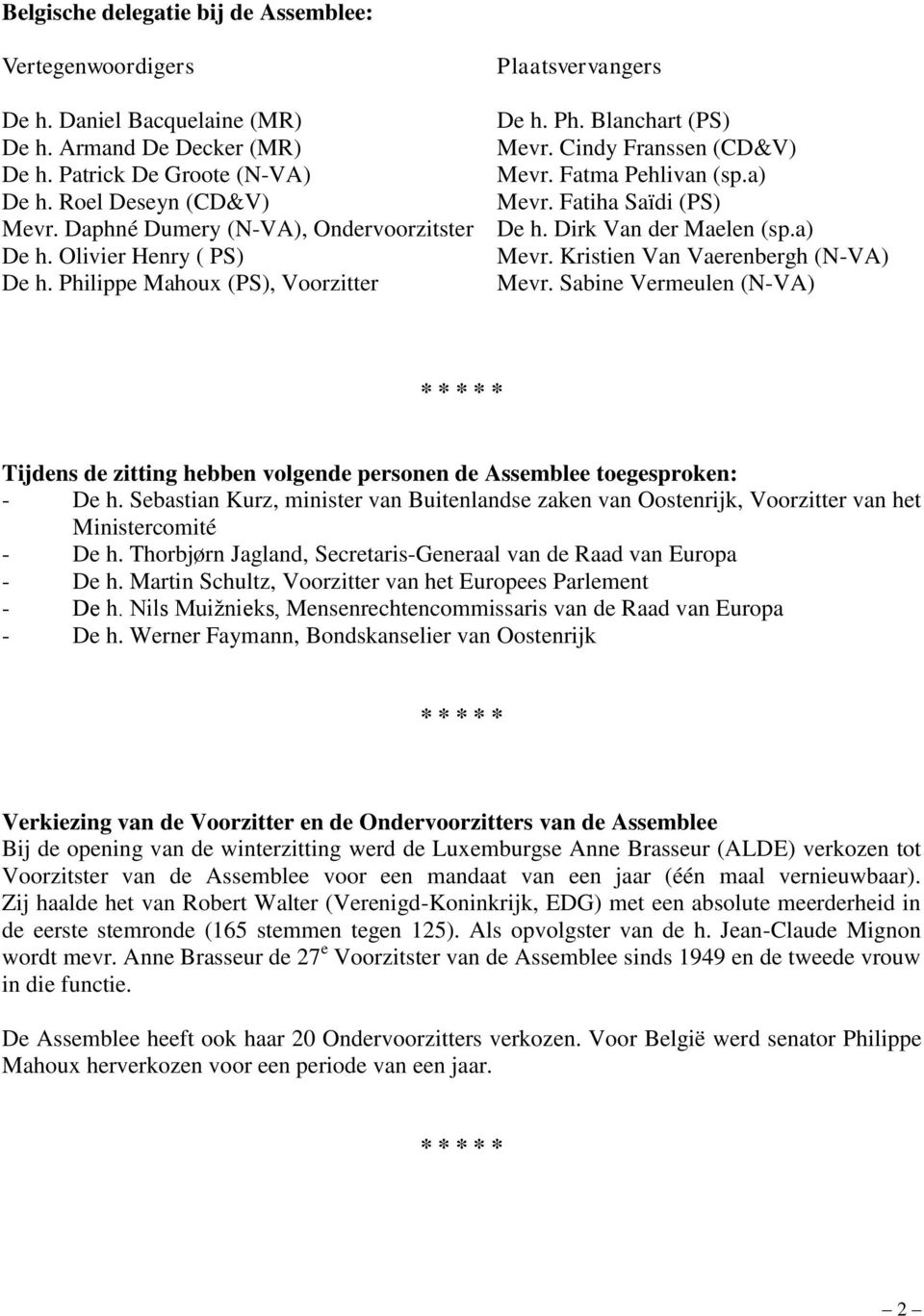 Kristien Van Vaerenbergh (N-VA) De h. Philippe Mahoux (PS), Voorzitter Mevr. Sabine Vermeulen (N-VA) Tijdens de zitting hebben volgende personen de Assemblee toegesproken: - De h.