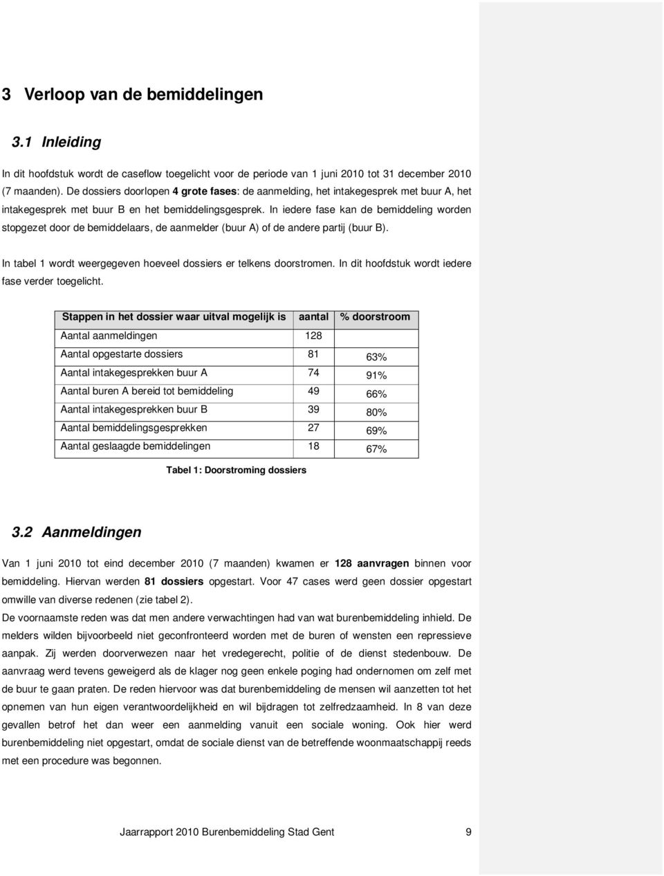 In iedere fase kan de bemiddeling worden stopgezet door de bemiddelaars, de aanmelder (buur A) of de andere partij (buur B). In tabel 1 wordt weergegeven hoeveel dossiers er telkens doorstromen.